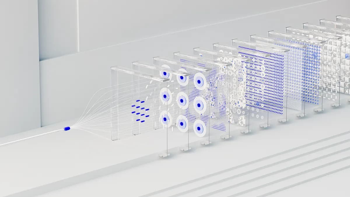 Row of transparent glass panels with blue dot patterns, illustrating the layers of a neural network