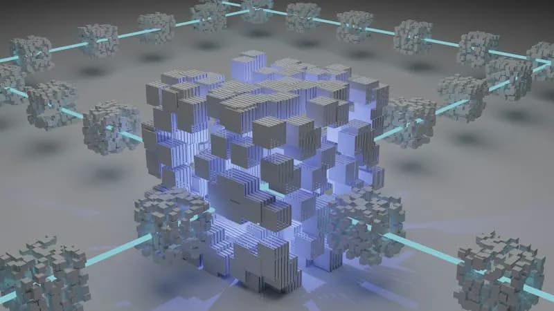 3D render of grey block clusters joined by glowing cyan lines around a larger central cube
