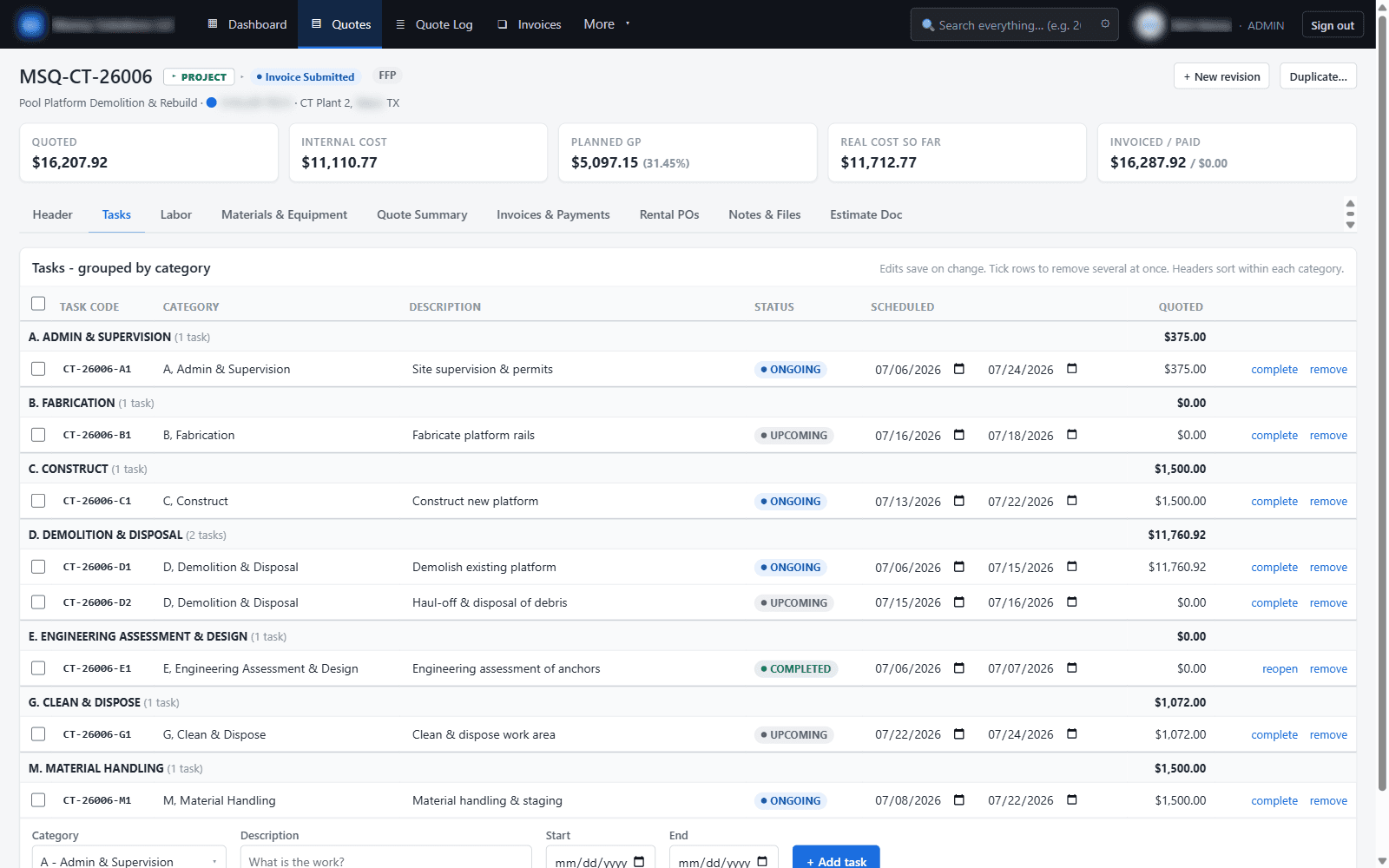 A single job split into tasks under lettered categories such as admin, fabrication, construct, demolition, engineering, clean-up and material handling, each task row showing its code, schedule, status and quoted value.