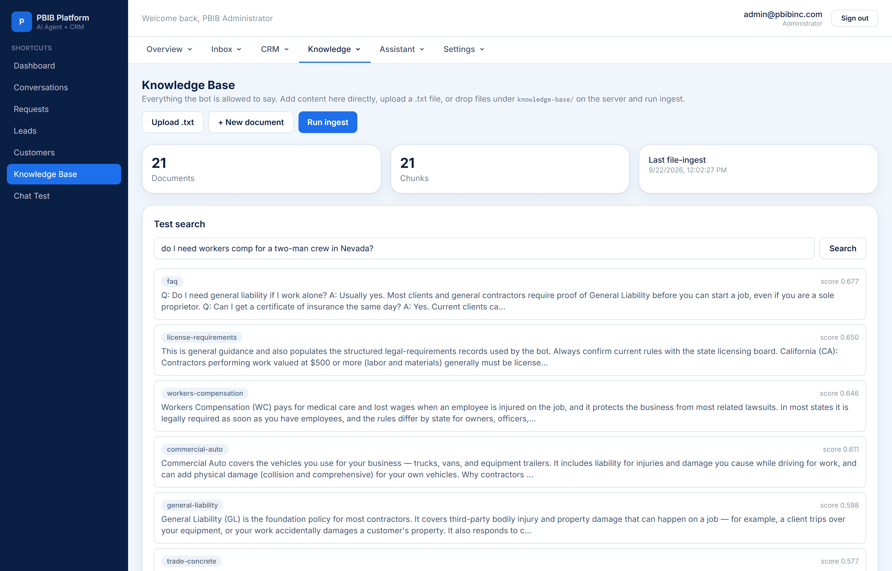 Knowledge base screen showing twenty-one documents and twenty-one searchable chunks with the timestamp of the last ingest, above a test search asking whether a two-man crew in Nevada needs workers comp, which returns ranked passages from the FAQ, licence requirements, workers compensation, commercial auto and general liability documents with a relevance score printed against each one.