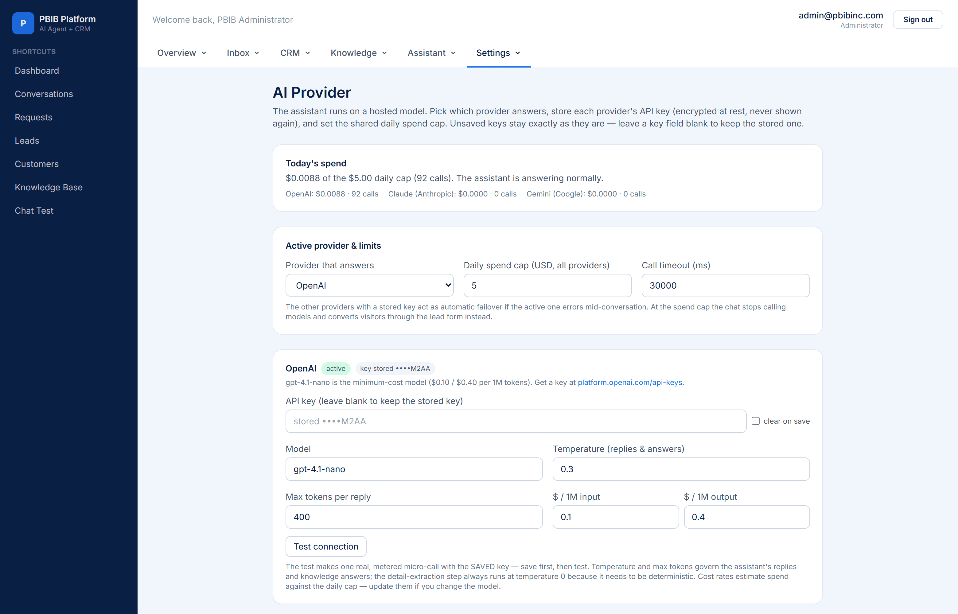 AI provider settings showing today's spend of $0.0088 against a $5.00 daily cap across ninety-two calls with a per-vendor breakdown for OpenAI, Claude and Gemini, a dropdown choosing which provider answers, fields for the daily spend cap and the call timeout, and an OpenAI panel whose stored key is shown only as a last-four hint beside the model, temperature, maximum tokens, per-million token prices and a Test connection button.