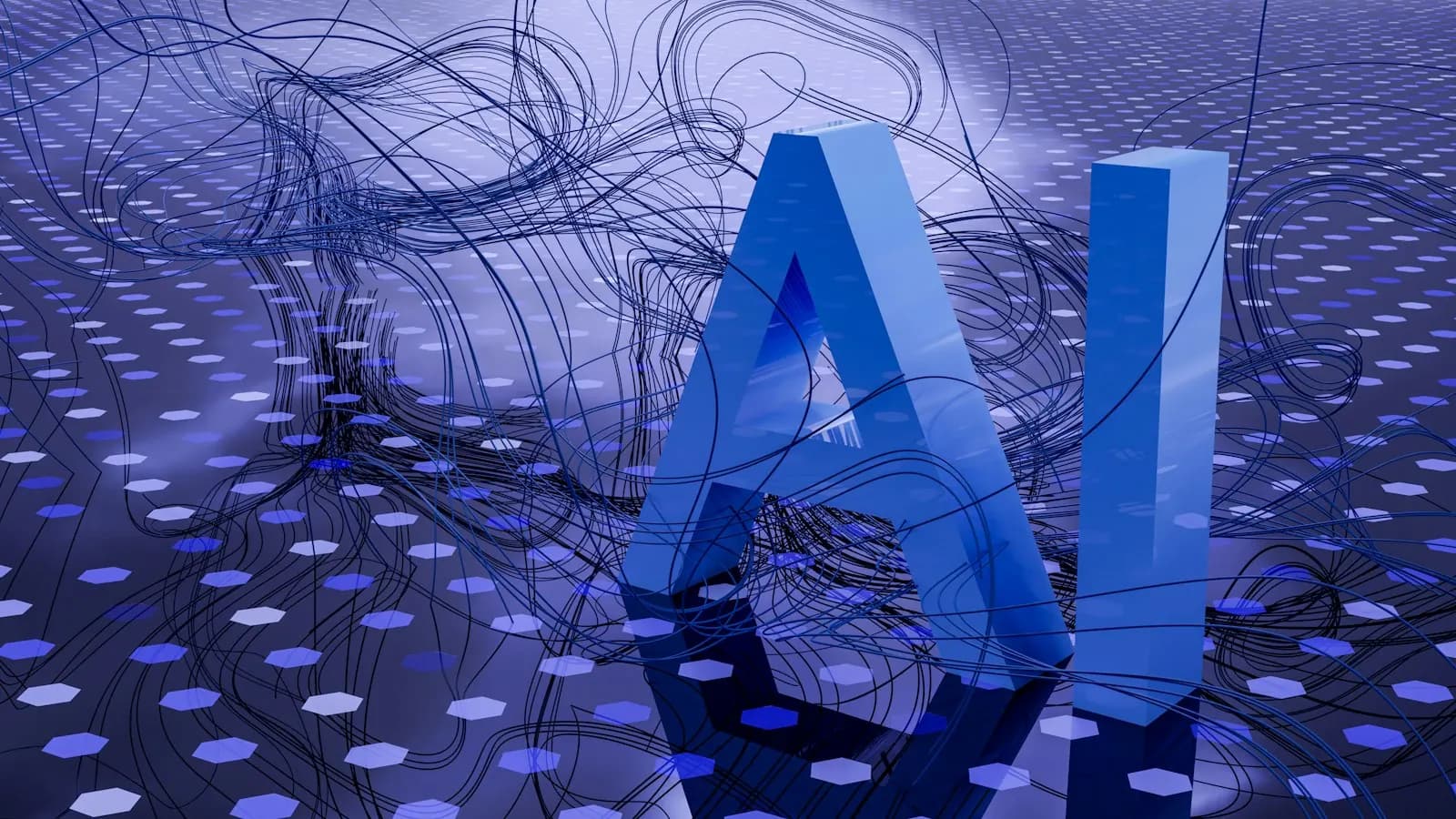 3D render of large blue letters spelling AI on a hexagon-patterned floor, tangled in dark wires