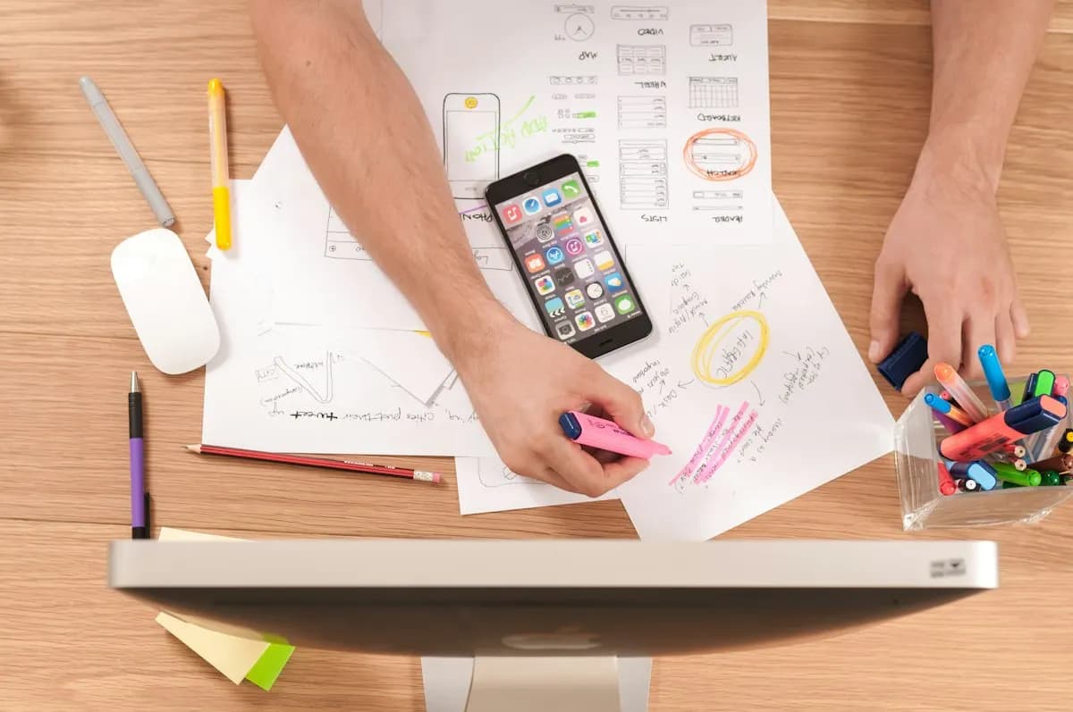 Overhead view of hands highlighting hand-drawn app wireframes beside a smartphone on a wooden desk