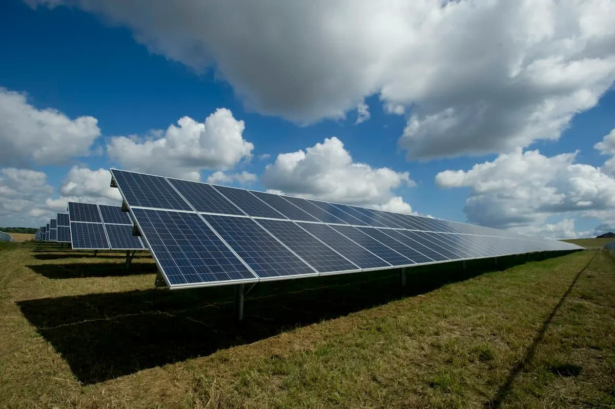 Rows of solar panels in a grassy field under a blue sky with white clouds
