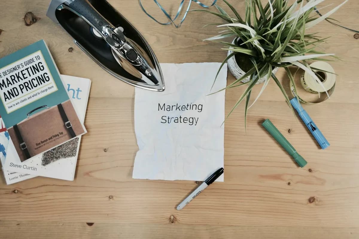 Sheet of paper reading Marketing Strategy on a wooden desk with books, markers and a plant