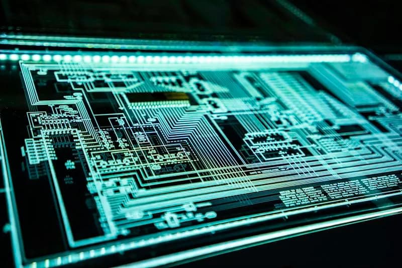 Close-up of a glowing teal circuit schematic etched on a backlit glass panel