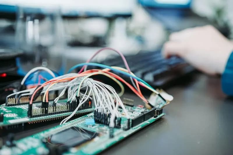 Green circuit boards with colorful jumper wires on a desk, a person typing in the background