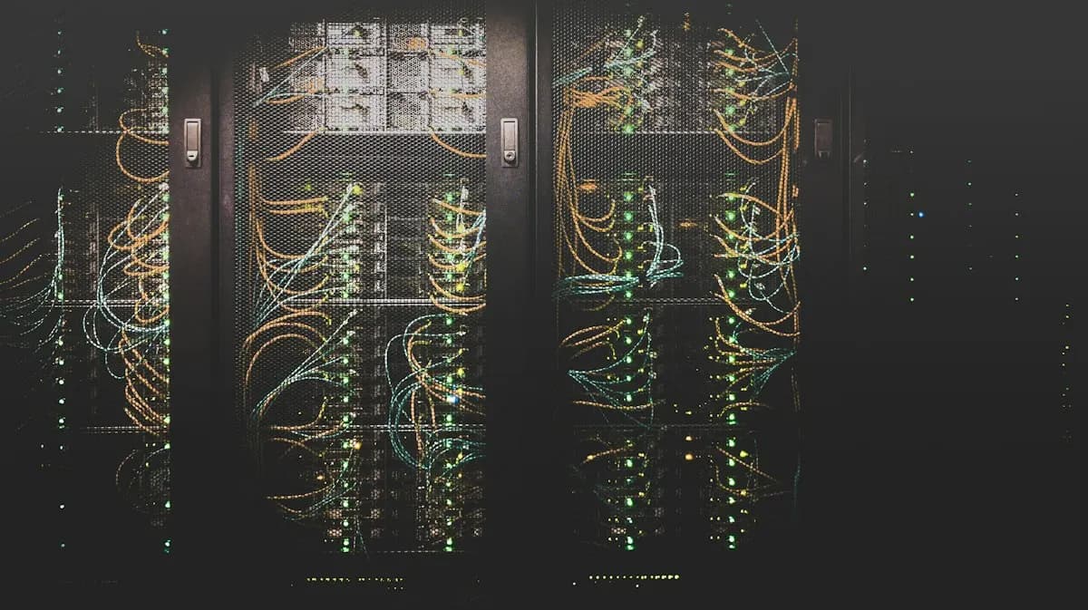Dark data center server racks with orange and blue network cables and green status lights