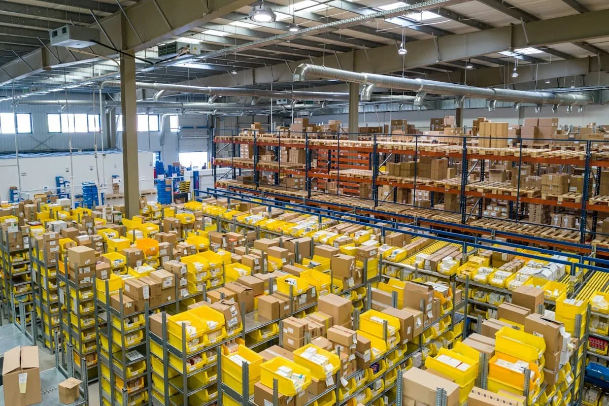 Warehouse aisles of shelving filled with yellow bins and cardboard boxes, pallet racks behind