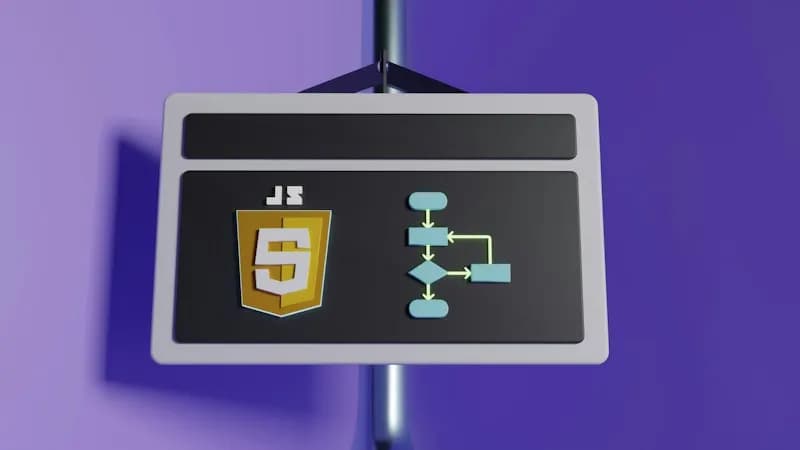 3D hanging sign showing a JavaScript shield logo and a flowchart on a purple wall
