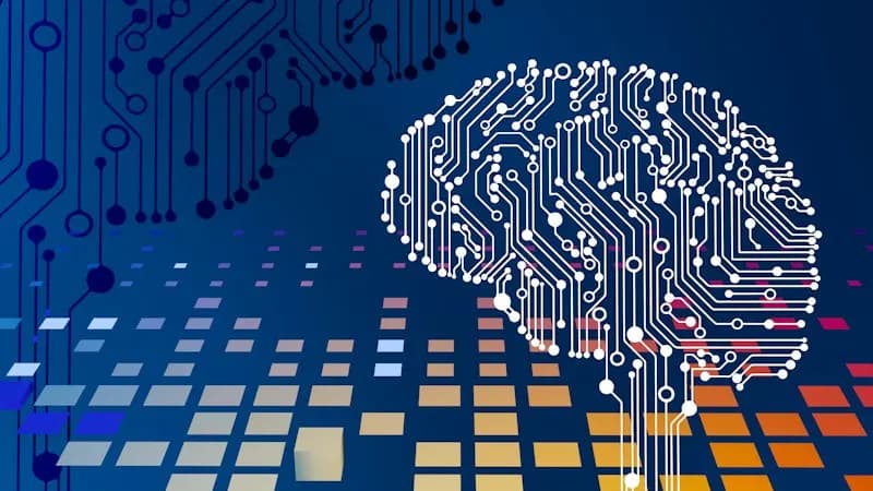 White circuit-line brain illustration over a dark blue background with rows of colored data tiles
