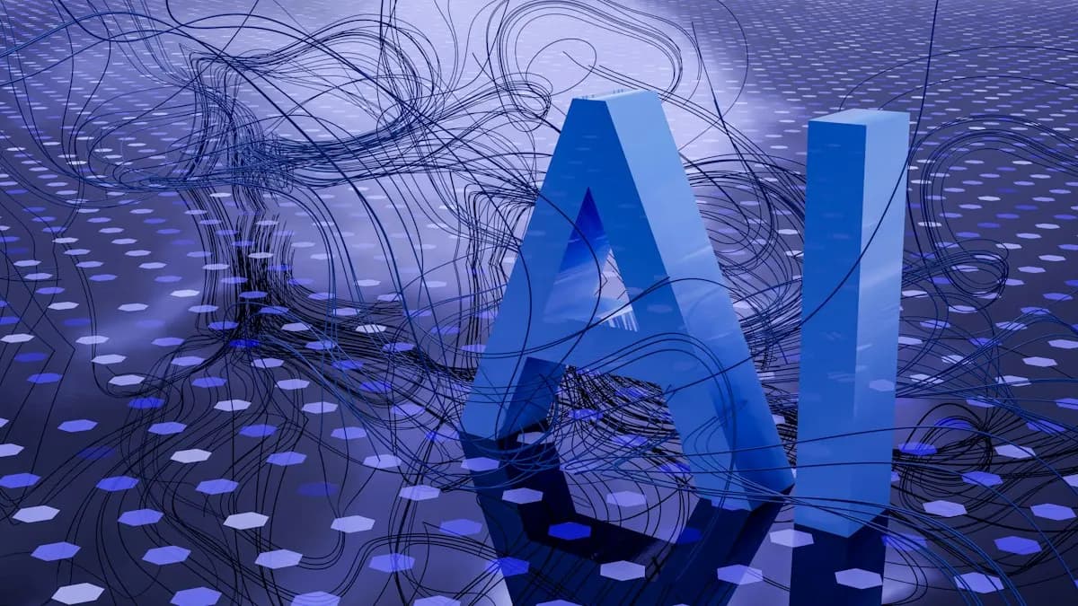Blue 3D letters spelling AI on a dotted hexagon floor tangled with thin black wires